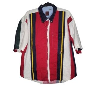 Vintage 90s Ruff Hewn Striped Colorblock Button Up Short Sleeve Shirt Size XL